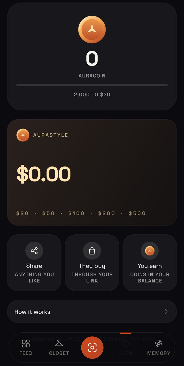 The Earning tab and an AuraCoin balance