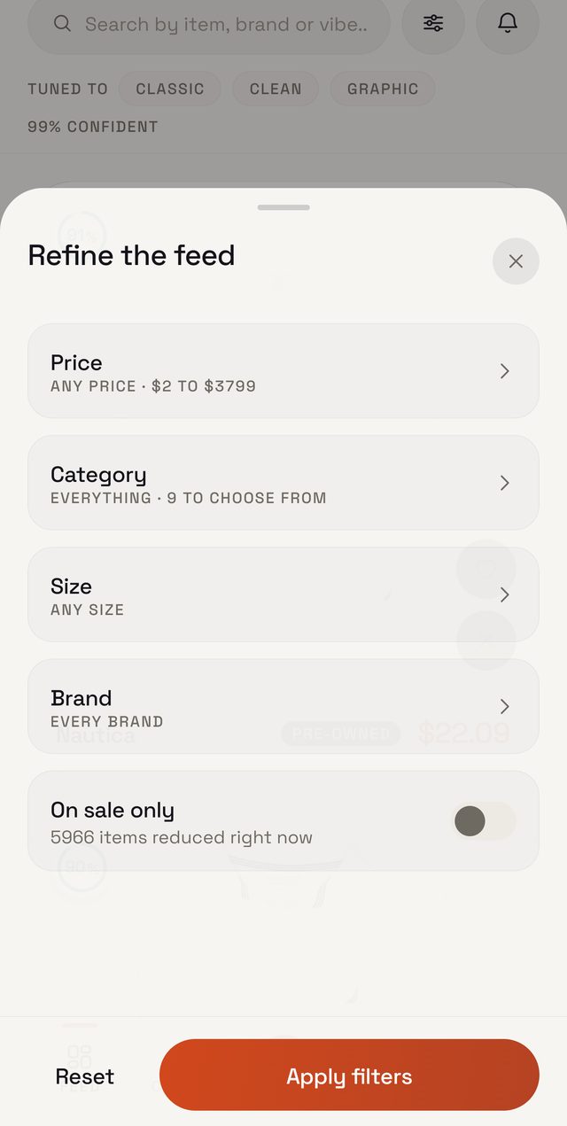 Refining the feed by price, size, brand and shop